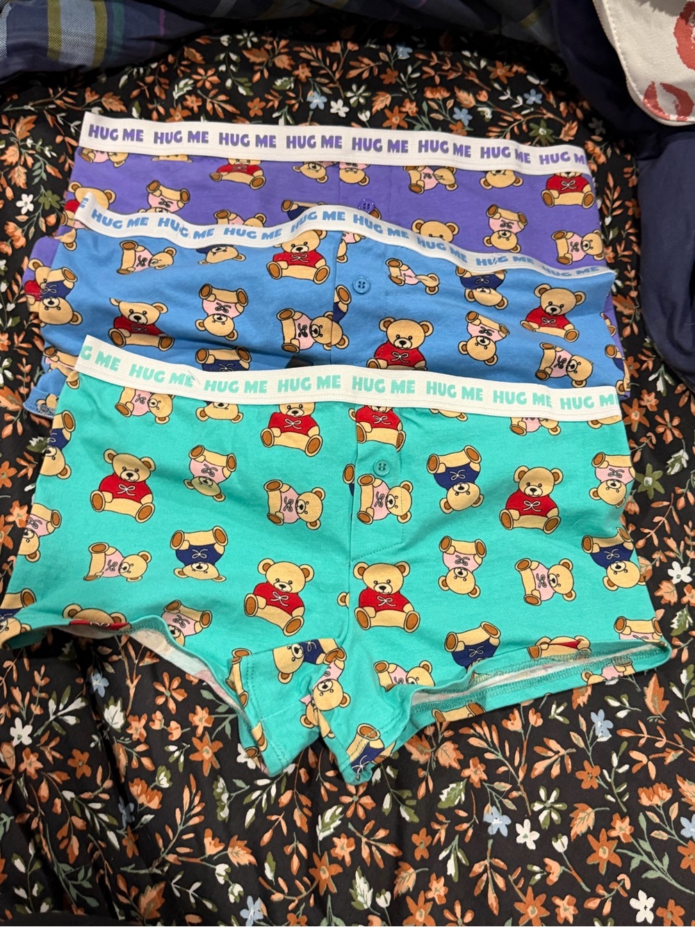 NWOT 3 Pack Beary Cute Boxer Briefs/Boyshorts - Teal, Blue & Purple